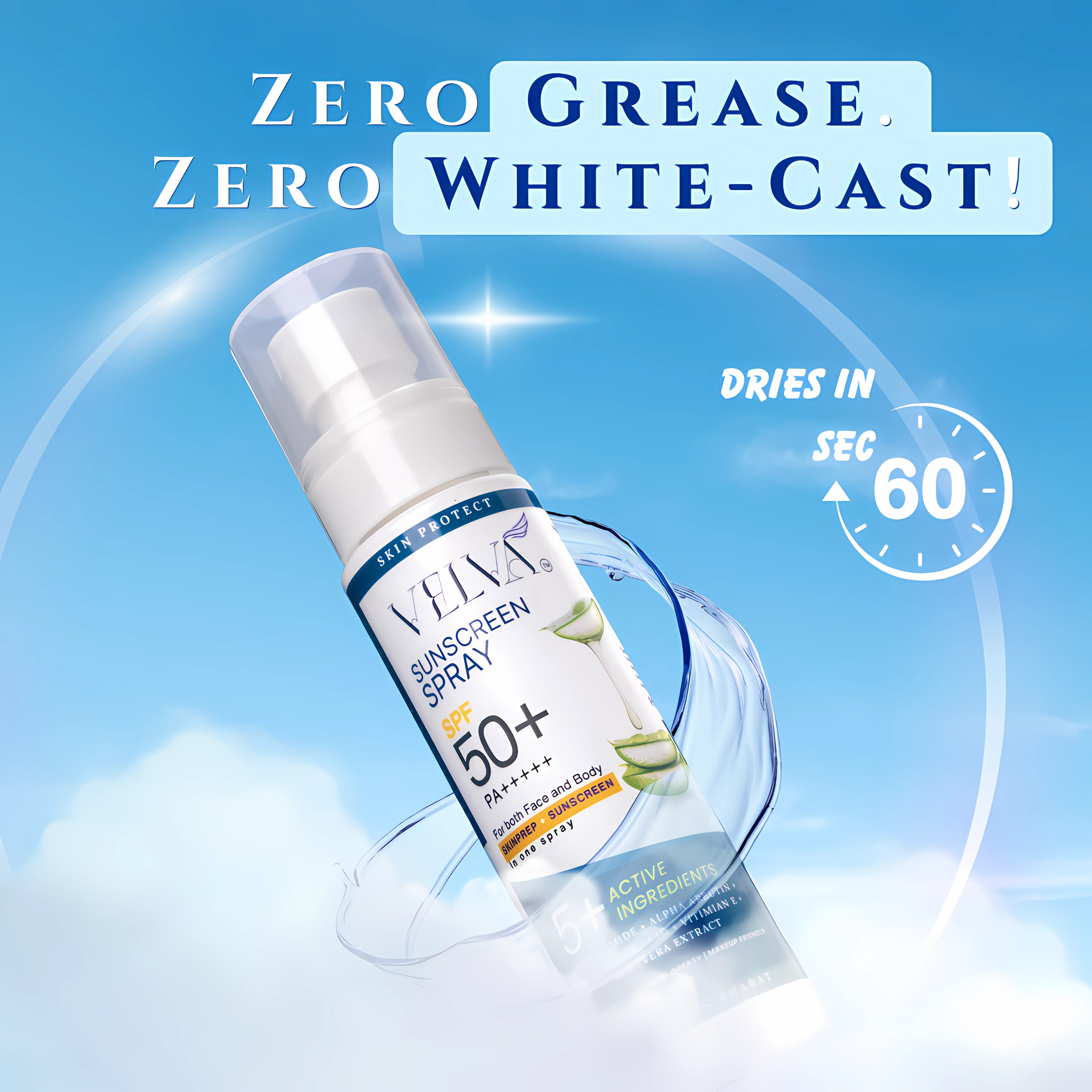 Sunscreenspray bottle with text 'Zero Grease, Zero White-Cast' on a blue background